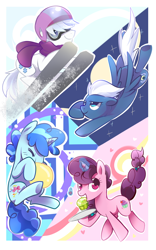 Size: 1000x1600 | Tagged: safe, artist:sion-ara, double diamond, night glider, party favor, sugar belle, the cutie map, backwards cutie mark, balloon, blowing up balloons, cupcake, equal four, skis