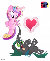 Size: 2480x3028 | Tagged: safe, artist:jowyb, princess cadance, queen chrysalis, alicorn, changeling, changeling queen, nymph, pony, cute, cutealis, cutedance, duo, eyes on the prize, female, filly, filly cadance, flying, foal, heart, levitation, looking at someone, looking at something, lying down, magic, on back, open mouth, open smile, simple background, smiling, telekinesis, tongue, tongue out, white background, younger