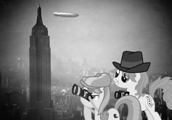 Size: 991x695 | Tagged: safe, artist:atlas-66, peachy pie, pegasus, pony, 20th century, airship, america, film reel, lens flare, new york, photo, ponies in real life, usa