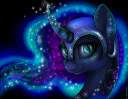 Size: 1800x1400 | Tagged: safe, artist:heather-west, nightmare moon, curved horn, looking at you, smiling, solo