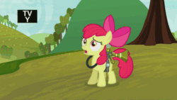 Size: 500x281 | Tagged: safe, screencap, apple bloom, bloom and gloom, animated, catapult nightmare, discovery family, discovery family logo, pest control gear, shock, solo, twitbuster apple bloom, twittermite