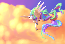 Size: 3048x2048 | Tagged: safe, artist:nadnerbd, princess celestia, alicorn, pony, beautiful, cloud, cute, cutelestia, eyes closed, female, flying, happy, long mane, majestic, mare, open mouth, sky, solo