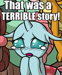 Size: 406x487 | Tagged: safe, artist:uotapo, edit, ocellus, smolder, yona, changedling, changeling, the hearth's warming club, caption, cropped, crying, cute, diaocelles, female, i can't believe it's not idw, image macro, impact font, offscreen character, reaction image, sad, sadorable, teary eyes, text