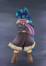 Size: 2894x4093 | Tagged: dead source, safe, artist:lovelyneckbeard, princess luna, anthro, boots, clothes, coat, cute, fluffy, looking at you, scarf, solo