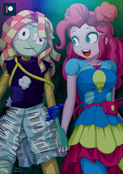 Size: 707x1000 | Tagged: safe, alternate version, artist:uotapo, pinkie pie, sunset shimmer, equestria girls, equestria girls series, sunset's backstage pass!, spoiler:eqg series (season 2), actual sunset shimmer, blushing, dummy, eye contact, holding hands, implied lesbian, insanity, looking at each other, madness, mannequin, otaku date, smiling, what a twist, yandere, yandere pie