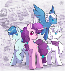 Size: 900x990 | Tagged: safe, artist:skyheavens, double diamond, night glider, party favor, sugar belle, the cutie map, backwards cutie mark, clothes, equal four, scarf