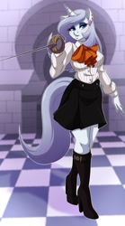 Size: 666x1199 | Tagged: safe, artist:g-blue16, oc, oc only, oc:platinum decree, anthro, unicorn, anthro oc, bedroom eyes, boots, clothes, cosplay, ear piercing, earring, fencing, high heel boots, high heels, looking at you, makeup, mitsuru kirijo, persona 3, piercing, rapier, skirt, solo, tail, weapon