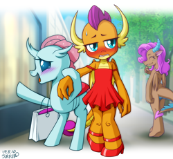 Size: 1178x1083 | Tagged: safe, artist:uotapo, idw, mina, ocellus, smolder, changedling, changeling, dragon, blushing, clothes, cute, diaocelles, dragoness, dress, embarrassed, female, fillydelphia, high heels, humiliated, humiliation, laughing, lesbian, minabetes, nervous, shipping, shipping fuel, shoes, shopping, shopping bags, smolcellus, smolder also dresses in style, smolder is not amused, smolderbetes, tree, unamused, uotapo is trying to murder us, uotapo will kill us all, window shopping