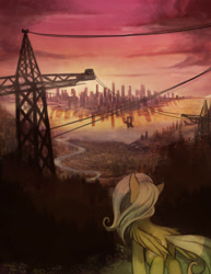 Size: 1000x1296 | Tagged: safe, artist:foxinshadow, fluttershy, pegasus, pony, fallout equestria, bucklyn cross, city, cityscape, grey hair, manehattan, old, post-apocalyptic, power line, scenery, solo, sunset