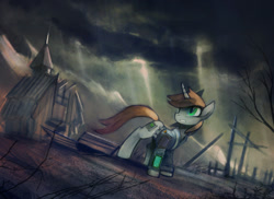Size: 1375x1000 | Tagged: safe, artist:foxinshadow, oc, oc only, oc:littlepip, pony, unicorn, fallout equestria, barn, clothes, fanfic, fanfic art, female, hooves, horn, mare, pipbuck, post-apocalyptic, scenery, solo, sweet apple acres, teeth, vault suit, wasteland