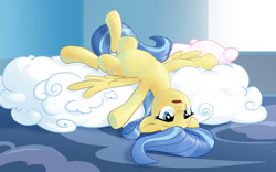 Size: 1024x640 | Tagged: safe, artist:countcarbon, sunshower, pegasus, pony, bed, cloud, indoors, on back, pillow, solo, upside down