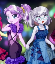 Size: 453x532 | Tagged: safe, artist:uotapo, edit, editor:thomasfan45, diamond tiara, silver spoon, equestria girls, backless, bare shoulders, clothes, cropped, cute, diamondbetes, dress, duo, duo female, female, formal wear, glasses, head turn, holding hands, looking at you, open mouth, ponytail, ruffles, scrunchie, silverbetes