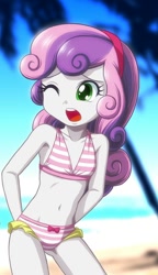 Size: 712x1234 | Tagged: safe, artist:uotapo, edit, sweetie belle, equestria girls, belly button, bikini, clothes, cropped, cute, diasweetes, female, midriff, one eye closed, solo, swimsuit