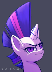 Size: 834x1146 | Tagged: safe, artist:raikoh, twilight sparkle, twilight sparkle (alicorn), alicorn, pony, alternate hairstyle, bust, female, mare, mohawk, solo