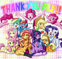 Size: 4699x4430 | Tagged: safe, artist:uotapo, applejack, fluttershy, pinkie pie, rainbow dash, rarity, sci-twi, sunset shimmer, twilight sparkle, twilight sparkle (alicorn), alicorn, earth pony, pegasus, pony, unicorn, equestria girls, equestria girls series, applejack's hat, armpits, cowboy hat, cute, dashabetes, diapinkes, end of ponies, female, freckles, geode of shielding, geode of sugar bombs, geode of super speed, happy, hat, human ponidox, humane five, humane seven, humane six, jackabetes, looking at each other, looking at you, magical geodes, mare, one eye closed, open mouth, raribetes, self ponidox, shimmerbetes, shyabetes, sitting, smiling, spread wings, thank you, twiabetes, twolight, uotapo is trying to murder us, wings