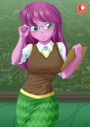 Size: 707x1000 | Tagged: safe, artist:uotapo, cheerilee, equestria girls, blushing, breasts, chalkboard, cheeribetes, chestilee, classroom, clipboard, cute, eyelashes, female, freckles, glasses, hot for teacher, lips, long hair, looking at you, meganekko, patreon, patreon logo, smiling, solo, sweater vest, teacher