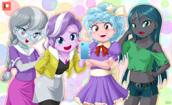 Size: 1400x854 | Tagged: safe, artist:uotapo, cozy glow, diamond tiara, queen chrysalis, silver spoon, changeling, changeling queen, equestria girls, belly button, belt, blushing, braided ponytail, cellphone, clothes, compression shorts, cozybetes, cute, cute little fangs, cutealis, denim shorts, diamondbetes, dress, equestria girls-ified, fangs, glasses, iphone, jewelry, laughing, legs, looking at you, midriff, necklace, open mouth, phone, sexy, short shirt, shorts, silverbetes, skirt, thighs, tomboy, young, younger