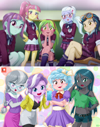 Size: 1200x1534 | Tagged: safe, artist:uotapo, edit, cozy glow, diamond tiara, indigo zap, lemon zest, queen chrysalis, silver spoon, sour sweet, sugarcoat, sunny flare, changeling, changeling queen, equestria girls, adoraflare, bedroom eyes, belly button, blushing, bra, cellphone, classroom, clothes, cozybetes, crossed arms, crossed legs, crystal prep academy uniform, cute, cutealis, diamondbetes, dress, female, glasses, goggles, hand on hip, looking at you, midriff, miniskirt, open mouth, phone, pleated skirt, school uniform, shadow five, short shirt, shorts, silverbetes, skirt, smartphone, smiling, sourbetes, sugarcute, underwear, younger, zapabetes, zestabetes