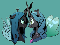 Size: 1150x860 | Tagged: source needed, useless source url, safe, artist:baekgup, idw, queen chrysalis, reversalis, changeling, changeling queen, female, looking at each other, self paradox, self ponidox