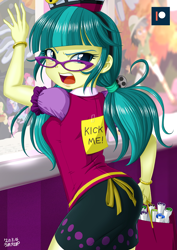 Size: 848x1200 | Tagged: safe, artist:uotapo, chestnut magnifico, daring do, juniper montage, equestria girls, movie magic, spoiler:eqg specials, against glass, angry, ass, blushing, bracelet, bully, bullying, butt, clothes, female, glass, glasses, jewelry, kick me, looking at you, looking back, looking back at you, looking over shoulder, open mouth, paper, pigtails, post-it, solo, solo focus, text