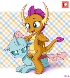 Size: 901x1000 | Tagged: safe, artist:uotapo, ocellus, smolder, changedling, changeling, dragon, cute, diaocelles, dragoness, dragons riding changelings, duo, female, ocellus is not amused, open mouth, patreon, patreon logo, prone, smolderbetes, sweat, sweatdrop, unamused, uotapo is trying to murder us, uotapo will kill us all