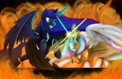 Size: 5100x3300 | Tagged: safe, artist:spiritofthwwolf, princess celestia, princess luna, alicorn, pony, anakin skywalker, crossover, fight, lightsaber, obi wan kenobi, revenge of the sith, star wars, this will end in tears, this will end in tears and/or death