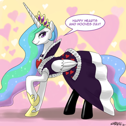 Size: 1600x1600 | Tagged: safe, artist:johnjoseco, color edit, edit, princess celestia, alicorn, pony, clothes, colored, cosplay, costume, dress, heart, hearts and hooves day, holiday, latex, latex socks, princess molestia, socks, solo, valentine's day