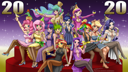 Size: 2560x1440 | Tagged: safe, artist:johnjoseco, derpibooru import, angel bunny, applejack, fluttershy, gummy, pinkie pie, princess cadance, princess celestia, princess luna, rainbow dash, rarity, spike, starlight glimmer, sunset shimmer, twilight sparkle, human, 2020, absolute cleavage, alcohol, alicorn triarchy, alternate hairstyle, alternate mane seven, applerack, armpits, big breasts, blushing, boob window, bracelet, breasts, champagne, champagne glass, cleavage, clothes, crossed legs, cute, dress, ear piercing, earring, happy new year, happy new year 2020, hat, headlight sparkle, high heels, holiday, hooped earrings, hootershy, humanized, jewelry, lipstick, looking at you, mane seven, mane six, necklace, one eye closed, open mouth, pantyhose, party hat, piercing, pinkie pies, ponytail, princess breastia, princess cansdance, raritits, royal sisters, shoes, top hat, wine, wink