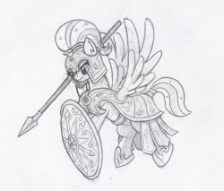 Size: 800x680 | Tagged: safe, artist:sensko, crystal pony, pony, armor, army, black and white, crystal empire, crystal pegasus, grayscale, monochrome, pencil drawing, shield, solo, spear, traditional art, weapon