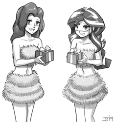 Size: 1000x1074 | Tagged: safe, artist:johnjoseco, sunset shimmer, equestria girls, belly button, christmas, duo, gift wrapped, holiday, liz allen, monochrome, spider-man, tinsel