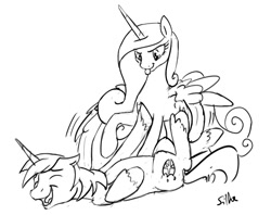 Size: 1100x872 | Tagged: safe, artist:silfoe, princess cadance, shining armor, alicorn, pony, unicorn, :p, cute, eyes closed, female, good clean married tickles, grayscale, laughing, male, monochrome, on back, open mouth, royal sketchbook, shining adorable, shiningcadance, shipping, sketch, straight, tickling, tongue out