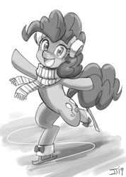 Size: 800x1124 | Tagged: safe, artist:johnjoseco, pinkie pie, earth pony, pony, clothes, earmuffs, female, grayscale, ice skating, looking at you, monochrome, scarf, sketch, solo