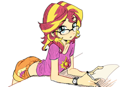 Size: 700x500 | Tagged: dead source, safe, artist:baekgup, sunset shimmer, human, equestria girls, rainbow rocks, :o, ass, butt, clothes, cute, denim shorts, female, glasses, hnnng, humanized, leaning, leaning on table, looking at you, midriff, pen, rearing, sexy, shimmerbetes, shirt, shorts, simple background, solo, sultry pose, t-shirt, watch, white background, wristwatch