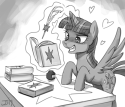 Size: 1100x943 | Tagged: safe, artist:johnjoseco, twilight sparkle, twilight sparkle (alicorn), alicorn, pony, book, female, heart, heart eyes, inkwell, monochrome, open mouth, quill, quill pen, sketch, solo, that pony sure does love books, wingding eyes