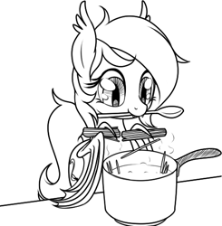 Size: 497x507 | Tagged: safe, artist:stoic5, oc, oc only, oc:panne, bat pony, pony, cooking, cute, cute little fangs, fangs, monochrome, mouth hold, pot, smiling, solo, spaghetti, spoon, wing hands