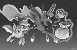 Size: 1500x978 | Tagged: safe, artist:johnjoseco, derpy hooves, princess luna, alicorn, pegasus, pony, candy, candy cane, christmas, christmas cookies, christmas presents, cookie, female, flying, food, gift bag, gift wrapped, grayscale, hat, holiday, hoof shoes, levitation, magic, mare, monochrome, mouth hold, night, night sky, present, santa hat, santa hooves, santa sack, sky, sugar cane, telekinesis
