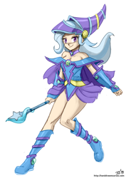 Size: 1000x1411 | Tagged: safe, artist:johnjoseco, color edit, colorist:lanceomikron, edit, trixie, human, anime, breasts, cleavage, clothes, colored, cosplay, costume, cute, dark magician girl, diatrixes, humanized, legs, magic wand, palette swap, recolor, simple background, solo, wand, white background, yu-gi-oh!