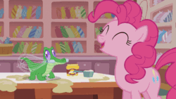Size: 499x281 | Tagged: safe, screencap, gummy, pinkie pie, earth pony, pony, the lost treasure of griffonstone, animated, cute, derp, diapinkes, eyes closed, gummybetes, heart, kiss on the lips, kissing, mouth hold, platonic kiss, pronking, smiling, talking, wink