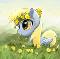 Size: 1000x997 | Tagged: safe, artist:scootiebloom, derpy hooves, pegasus, pony, cute, dandelion, female, floral head wreath, flower, flower in hair, grass, mare, smiling, solo