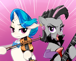 Size: 500x400 | Tagged: dead source, safe, artist:baekgup, dj pon-3, octavia melody, vinyl scratch, earth pony, pony, unicorn, alternate hairstyle, bedroom eyes, bow, bowtie, ear piercing, electric guitar, female, guitar, looking at you, mare, mirror universe, piercing, rocktavia, tongue out, vinyl class, violin