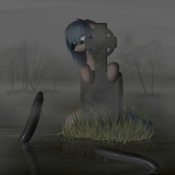 Size: 4000x4000 | Tagged: safe, artist:f13proxima, oc, oc only, eel, fog, gravestone, hiding, water, worried