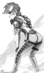 Size: 1000x1655 | Tagged: safe, artist:johnjoseco, rainbow dash, human, ass, butt, clothes, cosplay, costume, crossover, grayscale, humanized, monochrome, overwatch, rainbow tracer, rainbutt dash, solo, tracer