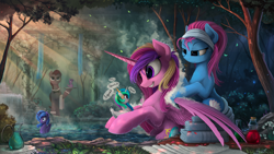 Size: 2800x1576 | Tagged: safe, artist:yakovlev-vad, lotus blossom, princess cadance, princess celestia, princess luna, twilight sparkle, alicorn, duck pony, earth pony, pony, angry, bath, bathing, bottle, butler, crepuscular rays, cute, cutedance, detailed, female, fluffy, glasses, grin, help me, hoof hold, hot springs, inanimate tf, lidded eyes, mare, outdoors, pond, rubber duck, scenery porn, sitting, smiling, soap, spa, spread wings, squeak, squee, steam, swanlestia, swanlight sparkle, swanluna, sweatdrop, transformation, tree, water, wavy mouth, wet, wet mane, what has magic done, what has science done, wide eyes