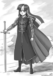 Size: 800x1150 | Tagged: safe, artist:johnjoseco, twilight sparkle, human, anduril, aragorn, armor, boots, bracer, chainmail, clothes, gondor, grayscale, hauberk, human female, humanized, longsword, lord of the rings, monochrome, pauldron, shoes, solo, sword, tolkien, weapon, white tree of gondor, windswept hair