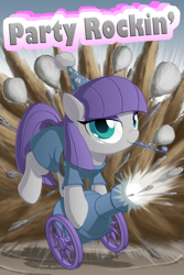 Size: 1000x1500 | Tagged: safe, artist:berrypawnch, maud pie, balloon, cannon, cute, hat, maudabetes, party cannon, party hat, party horn, rock, smiling, solo, when she smiles