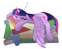 Size: 1280x1024 | Tagged: safe, artist:dragonfoxgirl, twilight sparkle, twilight sparkle (alicorn), alicorn, pony, princess spike (episode), :o, book, book nest, cute, drool, eyes closed, female, floppy ears, mare, princess sleeping on books, prone, simple background, sleeping, solo, spread wings, that pony sure does love books, tired twilight, transparent background, twiabetes, zzz