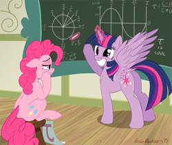 Size: 856x718 | Tagged: safe, artist:brianblackberry, pinkie pie, twilight sparkle, twilight sparkle (alicorn), alicorn, earth pony, pony, bored, dock, fancy mathematics, female, floppy ears, frown, grin, lidded eyes, magic, mare, math, pi, pinkie pi, pinkie pie is not amused, plot, pointing, princess taulight, sitting, smiling, spread wings, squee, tau, tau day, taulight sparkle, telekinesis, trigonometry, unit circle, wings