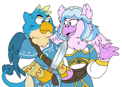 Size: 1964x1416 | Tagged: safe, artist:stretchnsnort, gallus, silverstream, anthro, classical hippogriff, griffon, hippogriff, clothes, cosplay, costume, female, gallstream, link, male, open beak, princess zelda, shipping, straight, sword, the legend of zelda, the legend of zelda: breath of the wild