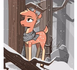 Size: 3220x2894 | Tagged: safe, artist:candylux, oc, oc only, oc:heather, deer, clothes, forest, scar, scarf, snow, snowfall, solo