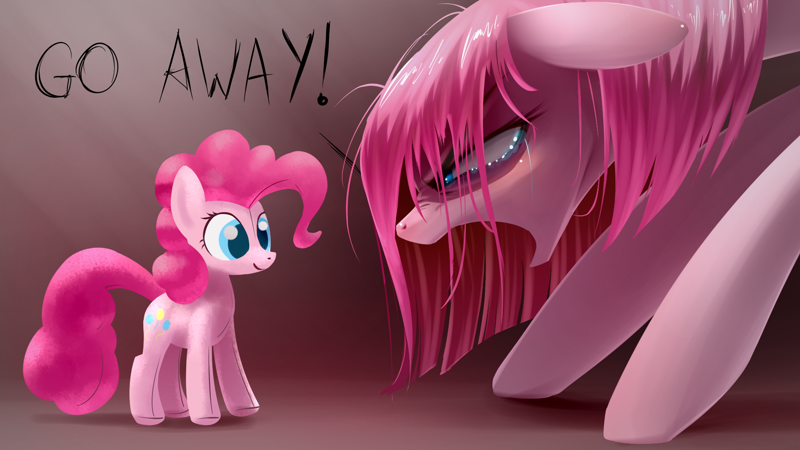 Size: 1920x1080 | Tagged: safe, artist:underpable, pinkie pie, earth pony, pony, crying, duality, featured image, pinkamena diane pie, plushie, solo, yelling